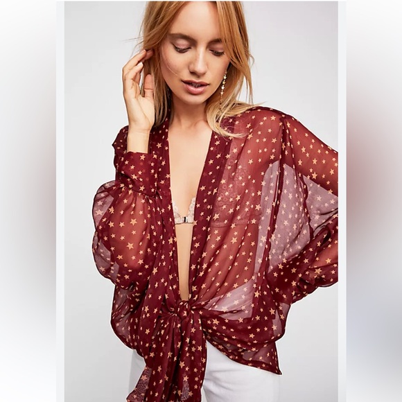 Free People Tops - Free People Burgundy Sheer Star-Print Tie-Front Kimono Top✨